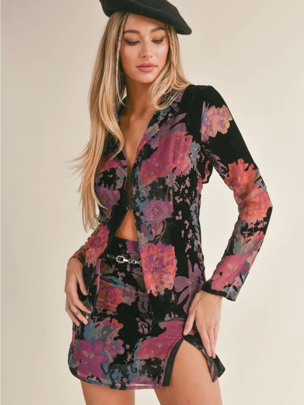 Sage Black Velvet Floral Two-Piece Set with Multicolor Blooms